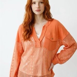 Women's Orange Lace Pullover Tunic with Knit Yoke